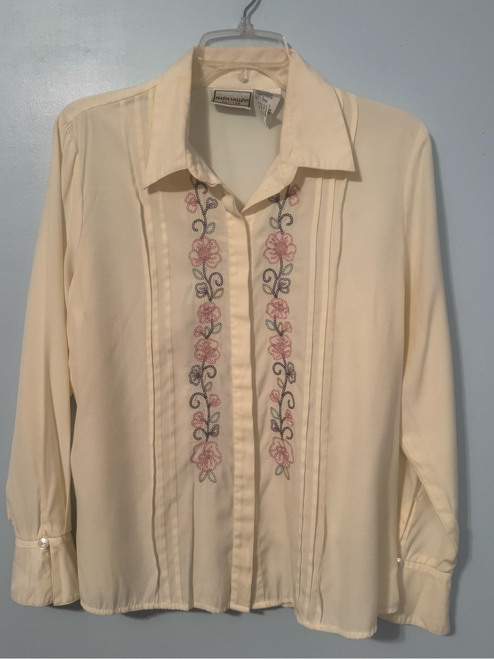 Napa Valley Cream Button-Up Blouse with Pink Floral Embroidery